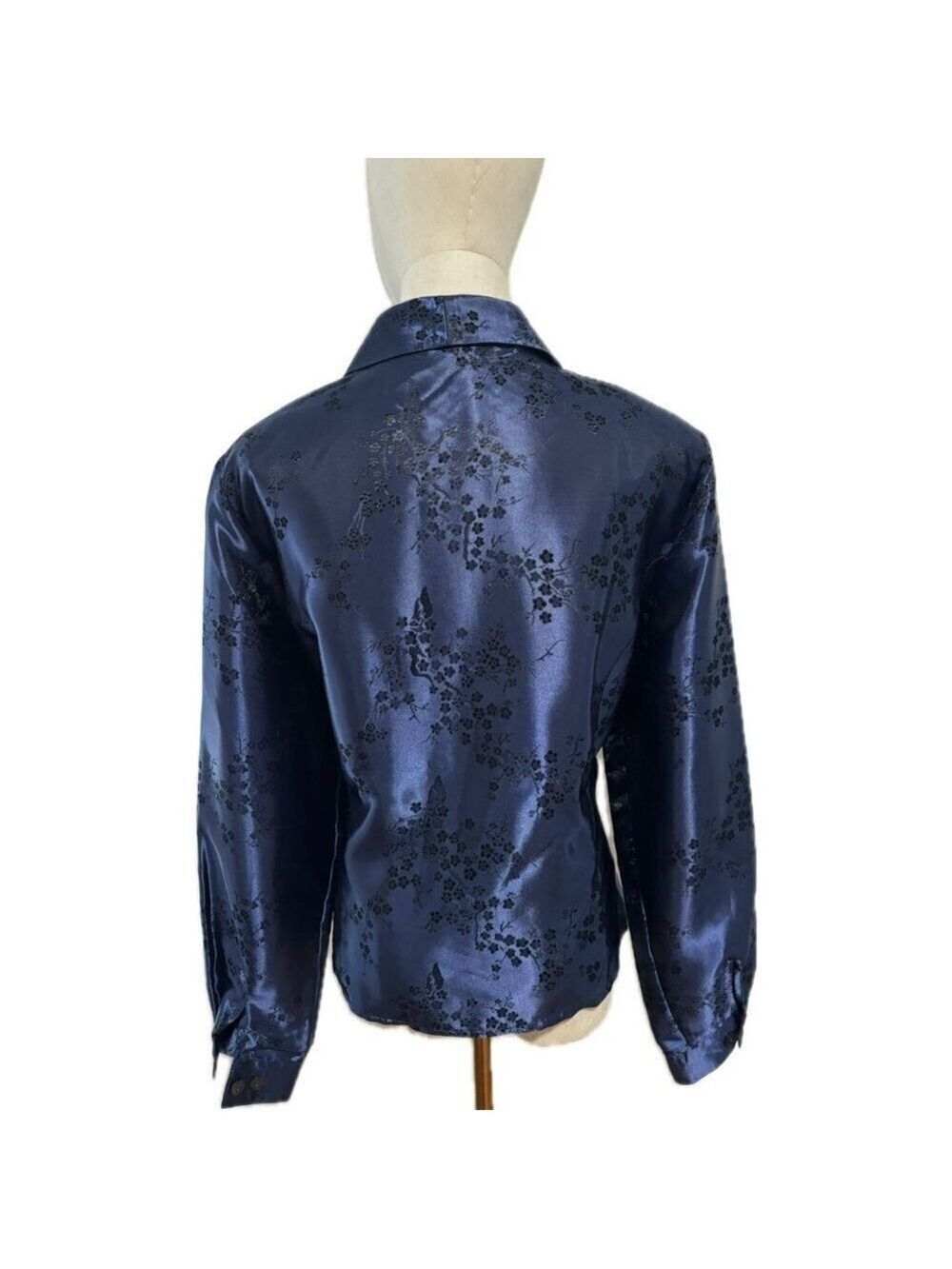 90s SATIN BROCADE BLUE ASIAN INSPIRED BROCADE LIZ BAKER SHIRT JACKET SHACKET 14 - Picture 3 of 12
